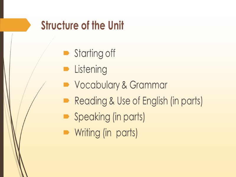 Structure of the Unit   Starting off    Listening  